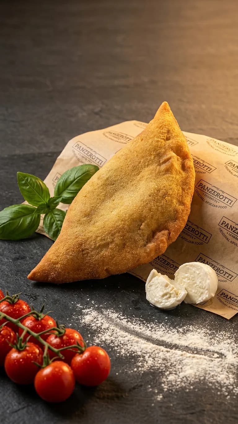 Un panzerotti croustillant vu de près, la pâte dorée et gonflée, garnie de mozzarella et ricotta fondantes